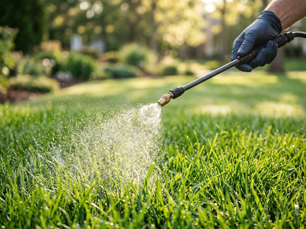 Close-up of lawn treatment being applied to green grass